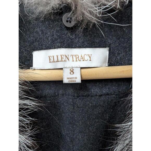 Ellen Tracy Gray Wool Angora Coat Jacket Removable Silver Fox Collar Size 8 - Picture 3 of 6